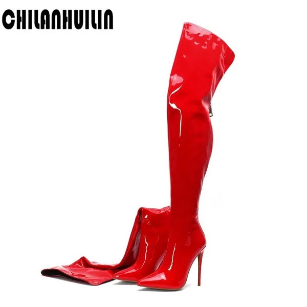Женские черные, красные лакированные Кожаные ботфорты, привлекательные высокие сапоги на высоком каблуке, с острым носком, женские осенне-зимние сапоги выше колена