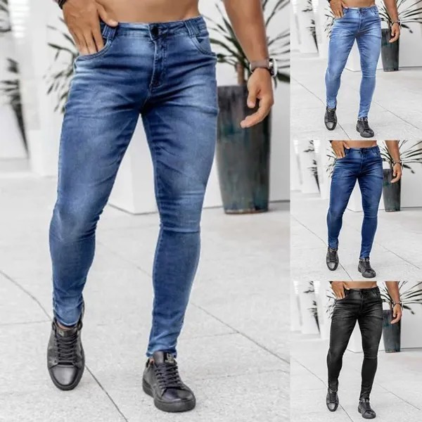 Новая мужская мода Тощий Отбеленные джинсы Повседневные уличные мытые джинсовые брюки Стрейч Тонкий план Карандаш Джинсы Брюки Плюс Размер