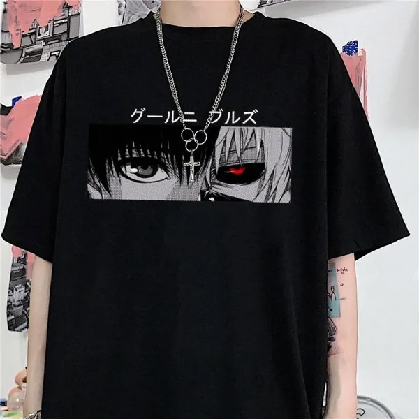 Япония Аниме Панк Токио Гуль Канеки Кен Печать Loose футболка Harajuku Случайный Cool Chic Мультфильм Streetwear Funimation женская рубашка