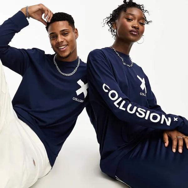 Лонгслив Collusion Unisex Logo Print, темно-синий