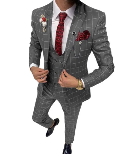 Серый Повседневное Для мужчин костюм Slim Fit Тип комплект из 3 предметов двубортный из дышащего материала защитный чехол для мобильного телеф...