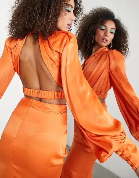 Атласный топ ярко-оранжевого цвета с драпировкой, пышными рукавами на манжетах и открытой спиной ASOS EDITION-Оранжевый цвет