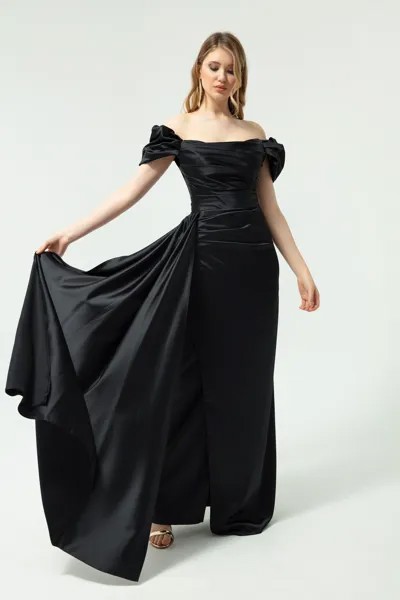 Женское черное длинное атласное вечернее платье с вырезом лодочкой и выпускное платье Lafaba, черный