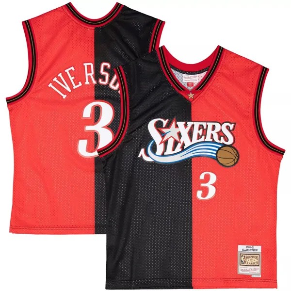 Мужская майка Mitchell & Ness Allen Iverson черно-красная Philadelphia 76ers Hardwood Classics 2000-01 Split Swingman