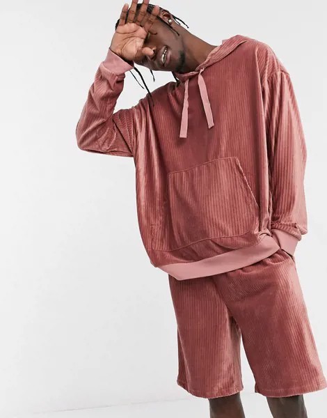 Велюровая пижама с худи и шортами в рубчик ASOS DESIGN-Розовый цвет