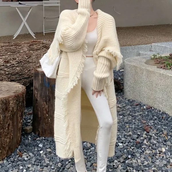 Женский вязаный кардиган с открытым карманом, абрикосовый длинный кардиган оверсайз с бахромой, элегантное вязаное пальто для осени и зимы, 2022