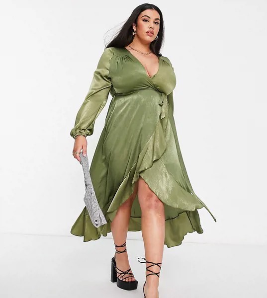 Платье макси цвета хаки с длинными рукавами и запахом Flounce London Plus-Зеленый цвет