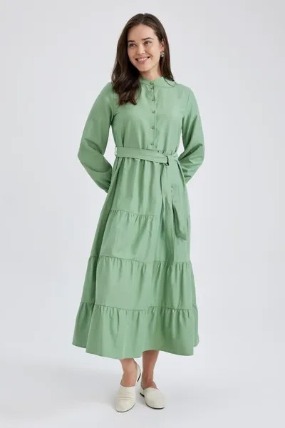 Базовое платье макси из поплина с круглым вырезом и поясом, длинными рукавами DeFacto, зеленый