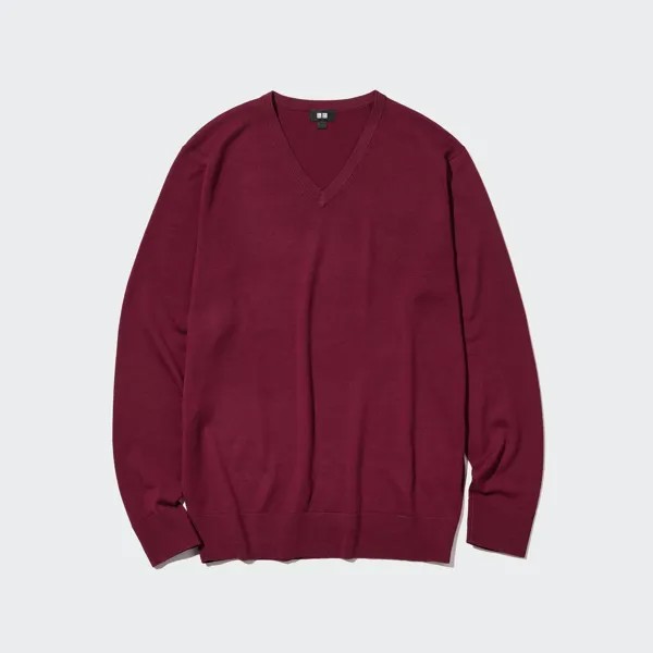 Джемпер Uniqlo мужской из шерсти мериноса с v-образным вырезом, бордовый