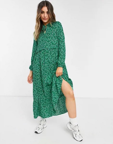 Зеленое свободное платье миди с завязкой на шее и цветочным принтом New Look-Зеленый цвет