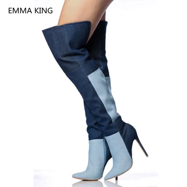 Женские джинсовые ботфорты, голубые Сапоги выше колена, с острым носком, на высоком каблуке