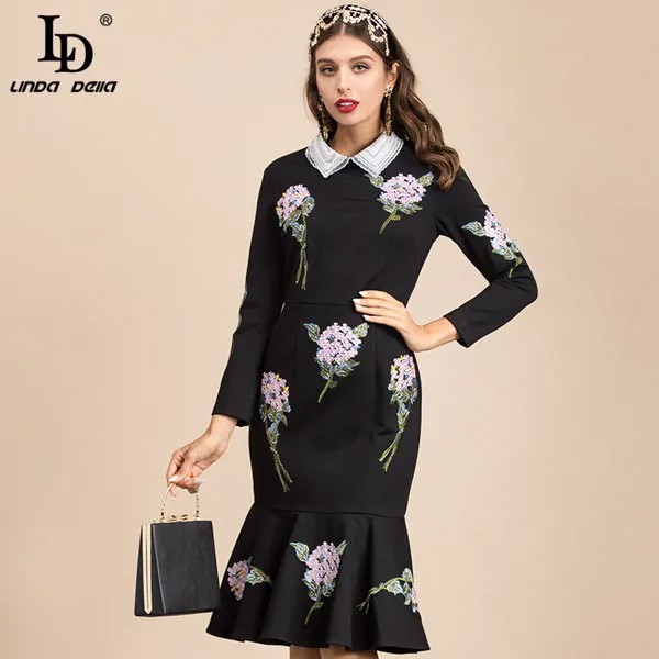 LD LINDA DELLA летние взлетно-посадочной полосы элегантный черный миди платье для женщин из сетчатой ткани с воротником из бисера с цветочной выш...