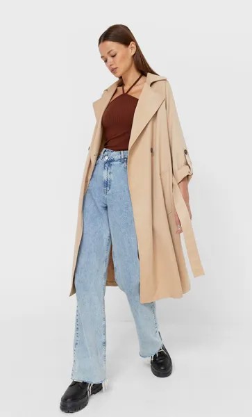 Stradivarius Длинный Тренч Из Струящейся Ткани Цвет Камня L