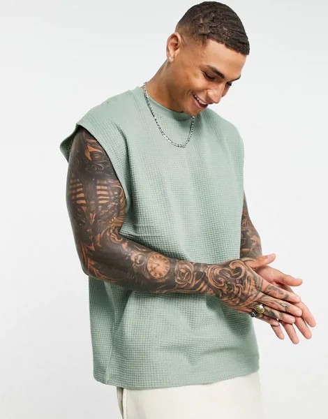 Майка в стиле oversized цвета хаки из легкой вафельной ткани ASOS DESIGN-Зеленый цвет
