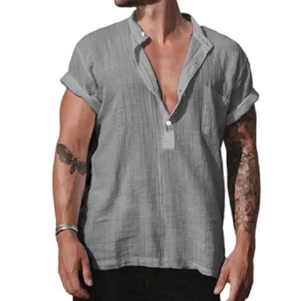 Мужская винтажная рубашка с однотонным карманом и воротником-стойкой Henley