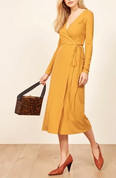 Джинсы REFORMATION Желтое платье-свитер с глубоким вырезом и запахом CELINE в рубчик XS 0