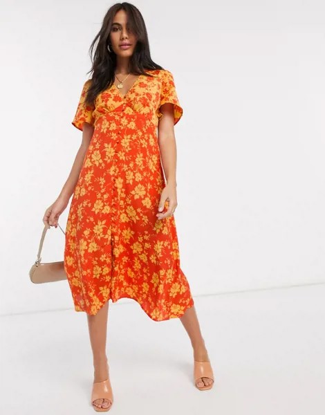 Платье миди с пуговицами и комбинированным цветочным принтом Neon Rose-Оранжевый