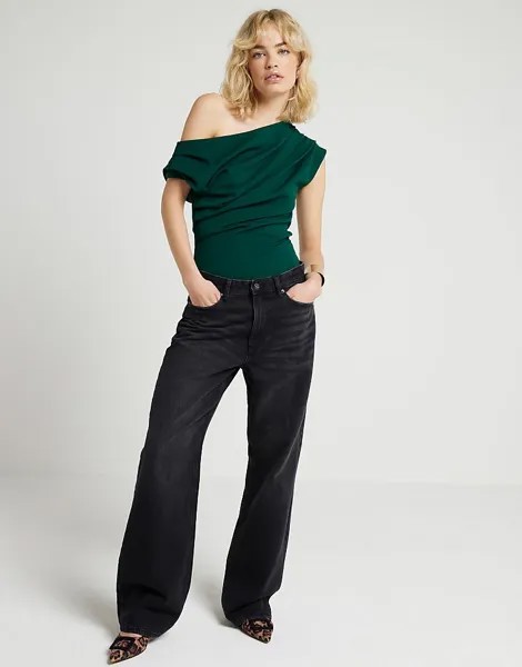 Зеленый драпированный топ с открытыми плечами River Island - темный
