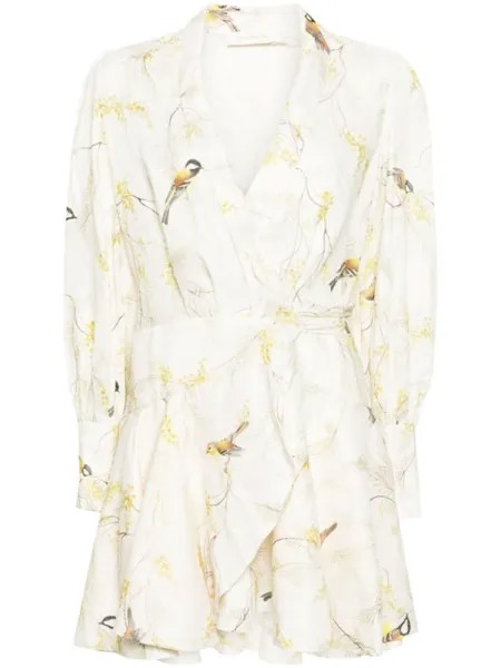 ZIMMERMANN платье мини с запахом и принтом Acacia Birds, нейтральный цвет