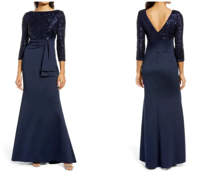 ELIZA J Темно-синий лиф с пайетками, эластичная трикотажная юбка, плиссированное платье макси с бантом, 16 XL