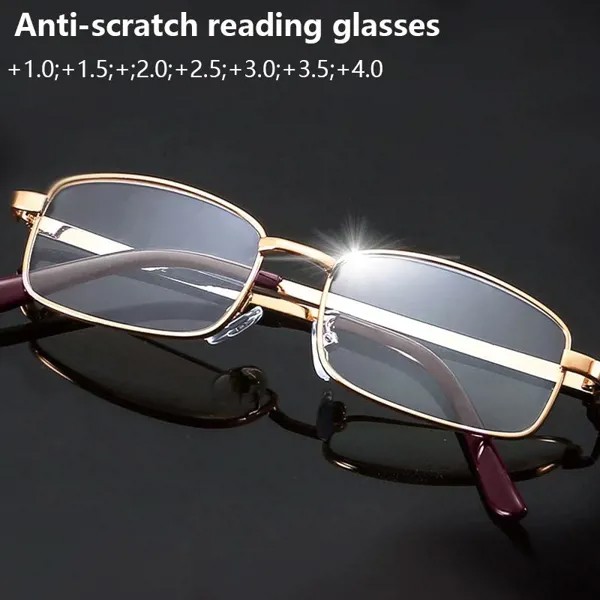 Квадратные полнокадровые очки для чтения Мужчины Женщины Металл Real Glass Lens Presbyopic Очки Против царапин Диоптрия Очки