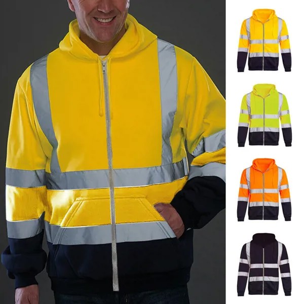 Мужская Защитная толстовка с капюшоном, рабочая куртка со светоотражающими полосками на молнии