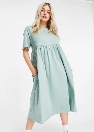 Шалфейно-зеленое платье миди с присборенной юбкой в стиле oversized ASOS DESIGN Petite-Зеленый цвет