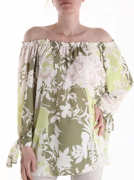 Блузка с цветочным принтом и вырезом бантом, светло-оливковый
