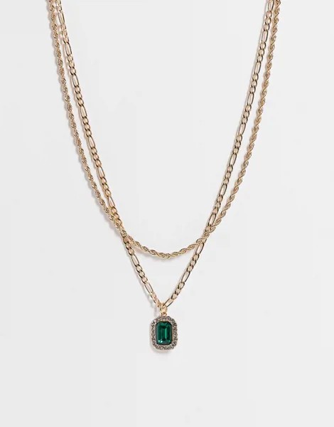 Золотистое двухрядное ожерелье с подвеской в виде зеленого камня ASOS DESIGN-Серебряный