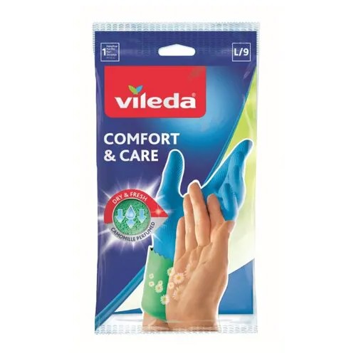 Перчатки Vileda Comfort & Care с кремом для чувствительной кожи, 1 пара, размер L, цвет голубой
