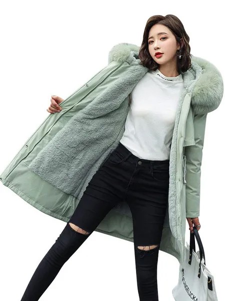 Milanoo Women Puffer Coats Light Green Warmth Preservation Hooded Buttons Zipper Long Sleeves Outerw