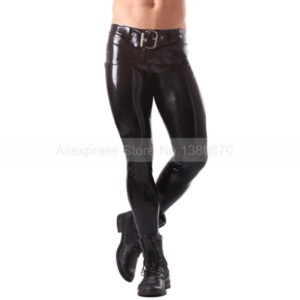 Сексуальные резиновые латексные однотонные черные мужские брюки облегающие брюки с поясом