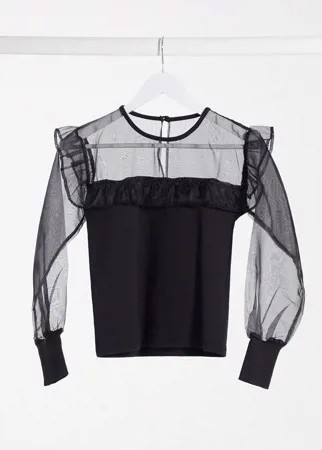 Черная блузка с рукавами и оборками из органзы Influence-Черный цвет