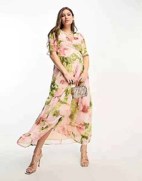 Платье Hope & Ivy Maternity ruffle wrap in floral print, розовый/зеленый