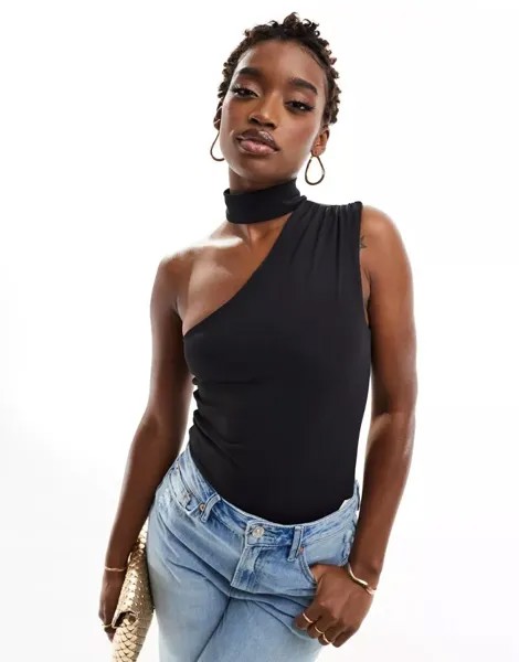 Черное облегающее боди асимметричного кроя ASOS
