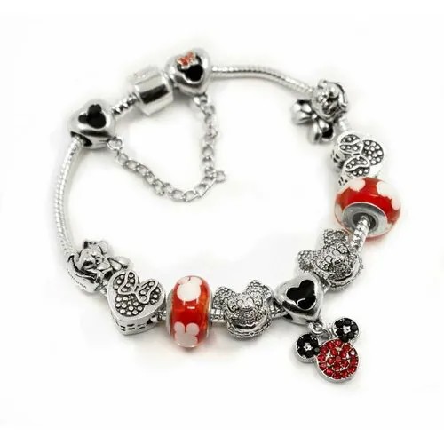 Браслет-цепочка Handinsilver ( Посеребриручку ) Браслет с шармами на основе из бижутерной стали, стразы, муранское стекло, стекло, 1 шт., размер 20 см, красный, белый