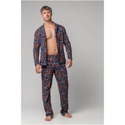NEW LIFE / Пижама мужская из хлопка / брюки + рубашка / 56 / чернильный; рыжий; синий