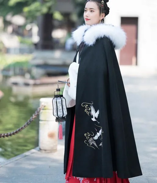 Женская накидка Hanfu, Китайская древняя традиционная зимняя плотная черная бархатная накидка цвета слоновой кости с капюшоном, накидка, Женс...