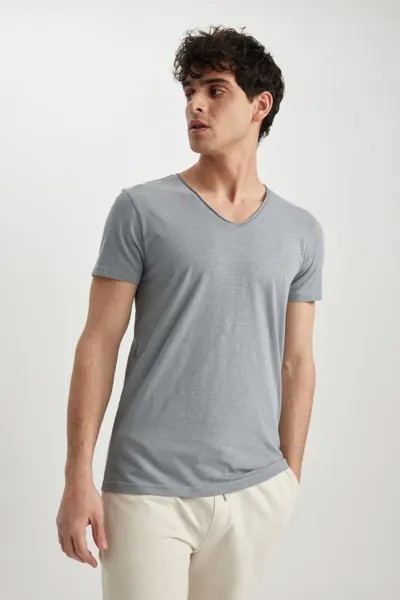 Облегающая футболка с V-образным вырезом DeFacto, серый