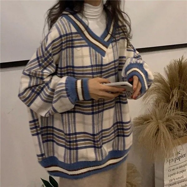 Утолщенные клетчатые пуловери Женщины V Шея Корейский стиль Винтаж Негабаритный офис Леди Повседневная Зима Теплая толстовка
