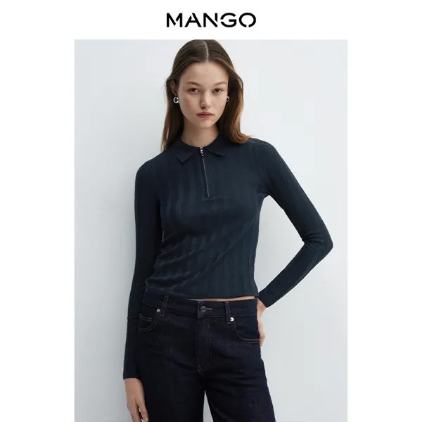 Женский свитер Mango облегающий с воротником-поло, темно-синий