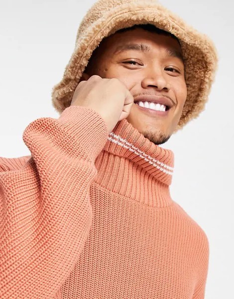 Oversized-джемпер абрикосового цвета в рубчик с отделкой в полоску ASOS DESIGN-Коричневый цвет