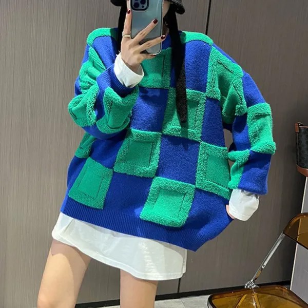 Клетчатый осень Новый вязаный свитер Женщины Харадзюку Теплая корейская мода Пуловер Свободный Ленивый Oaf Женский Верхний свитер Джемпер