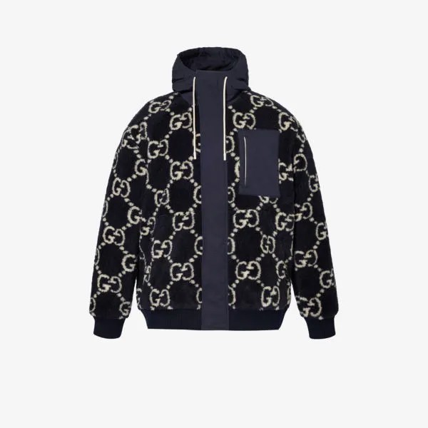 Пиджак из смесовой шерсти с воротником-воронкой и узором монограммы Gucci, синий