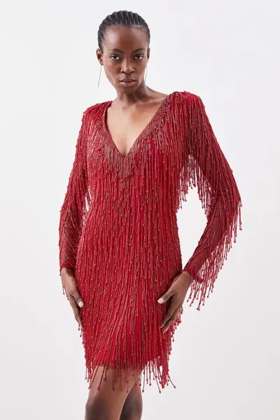 Тканое мини-платье с бахромой и бисером, украшенное бисером Karen Millen, красный
