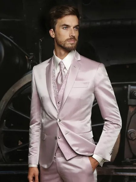 Новейший дизайн пальто и брюк, итальянские Розовые атласные деловые Индивидуальные свадебные костюмы для мужчин, 3 предмета, облегающие мужские костюмы для жениха H7