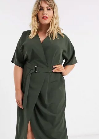 Платье миди цвета хаки с запахом и поясом ASOS DESIGN Curve-Зеленый цвет