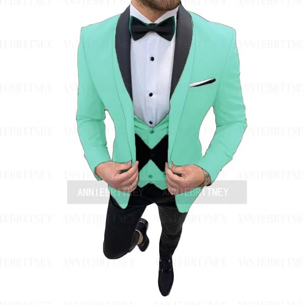 Новый дизайн, мятный Свадебный мужской костюм, приталенные синие куртки для жениха Вечерние вечернее платье, смокинг, Блейзер, жилет, брюки