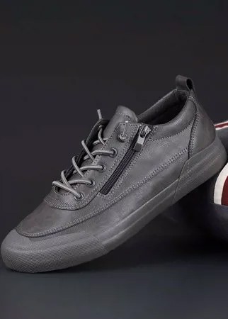 Мужские короткие кроссовки из микрофибры на шнуровке с боковой молнией, однотонные повседневные туфли для коньков