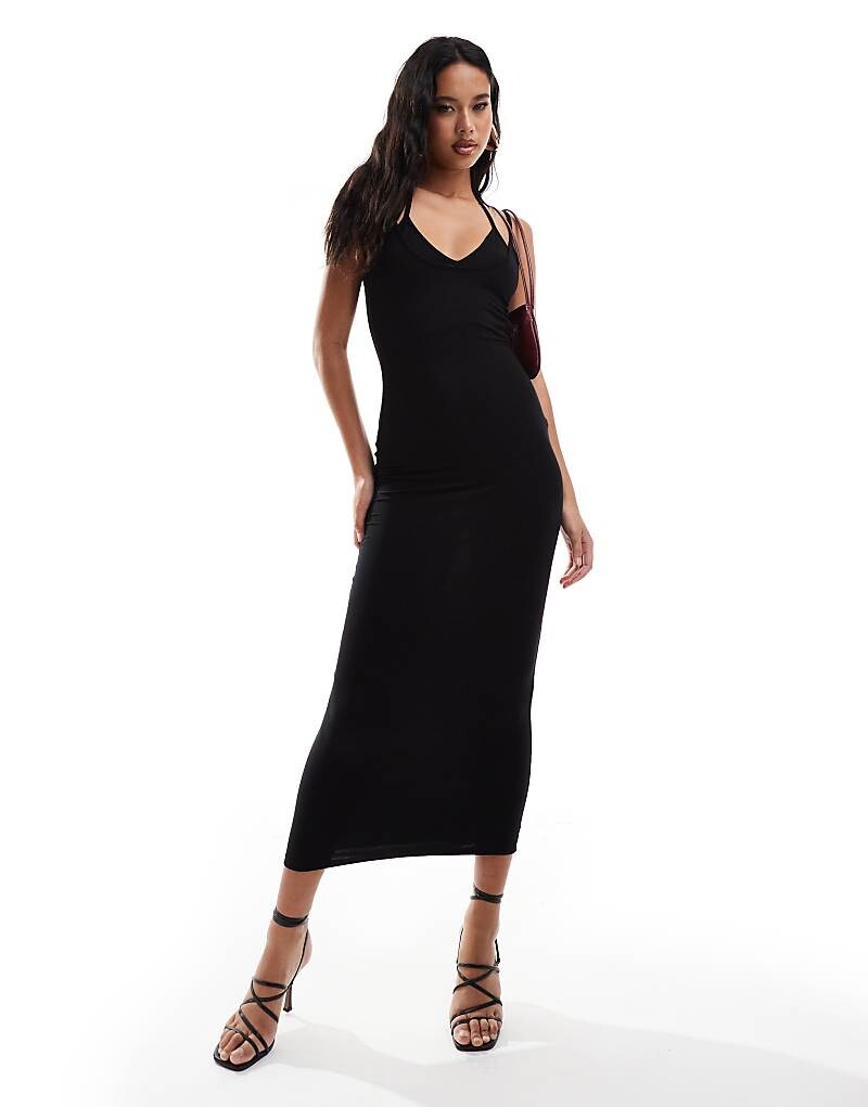 ASOS DESIGN – Черное платье миди с двойными бретелями и U-образным вырезом